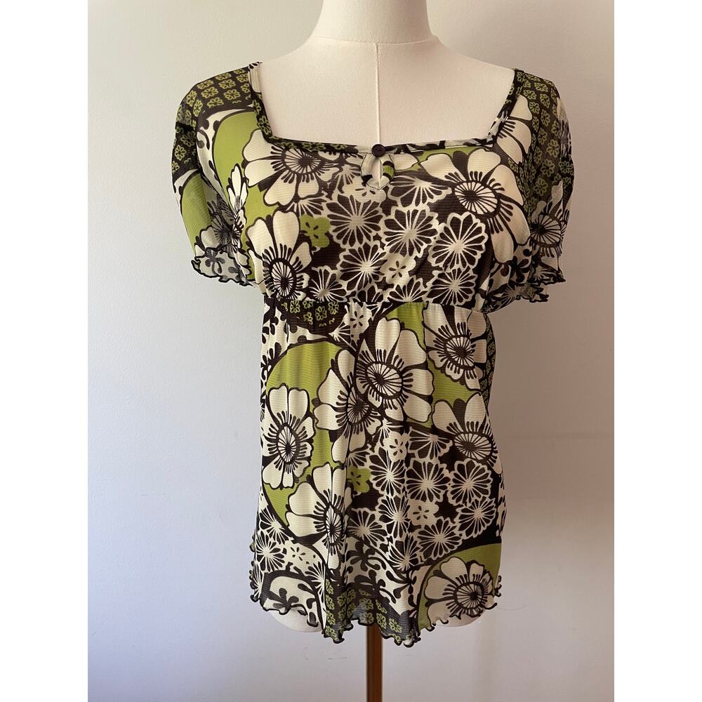 Y2K 70s Apt 9 Babydoll Womens Green Brown Floral Puff Sleeve Top Size PXL